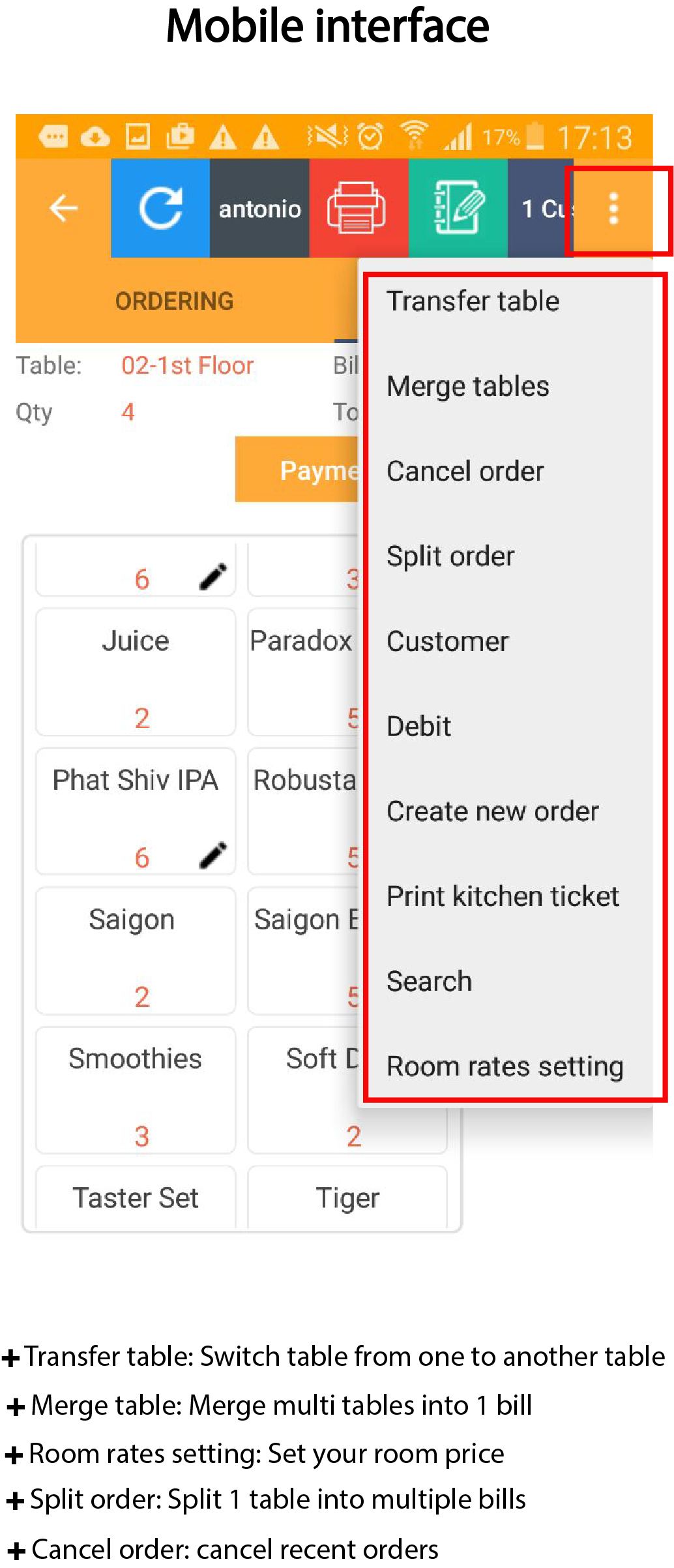 posapp's mobile interface